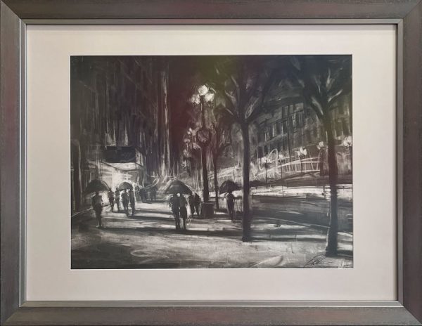 Captured Moments by Michael Flohr. A black and white lithograph of a street scene at night. Framed in a pewter larson juhl frame with light gray mat.