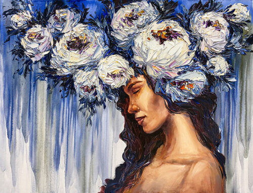 Female with blue abstract background and flowers