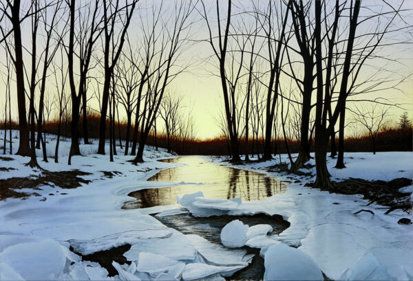 Winter River with ice landscape painting