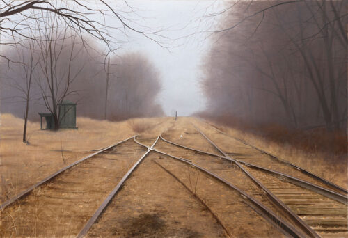 Misty, Fall Morning, with wheat and train tracks