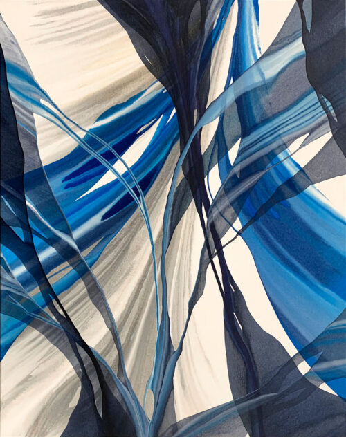String Theory by Antonio Molinari at Art Leaders Gallery. Blue, gold, and white poured paint abstract.