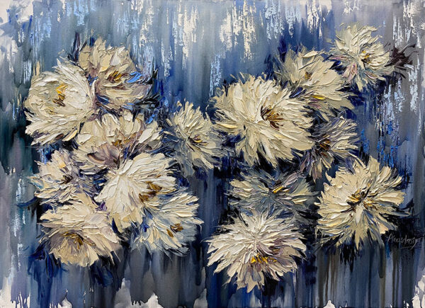 Tan Flowers with Blue Background Oil Painting