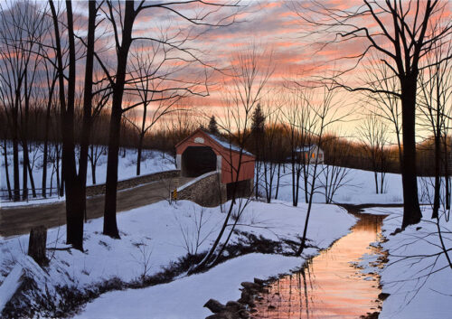 Landscape painting of snow and river