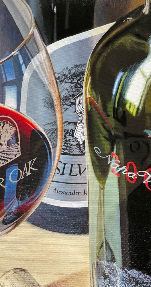 You're Two Kind by Thomas Arvid at Art Leaders Gallery. Thomas Arvid creates hyper realistic paintings of wine still life’s. These paintings are so realistic, each wine bottle, cork, or wine glass look like a photograph. This limited edition features Silver Oak Cabernet Sauvignon.