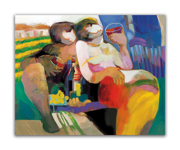 Afternoon Amore by Hessam Abrishami. Painting of Abstract Couple. Artwork featuring vibrant colors & contemporary figure painting. Abstract paintings that uplift spaces.