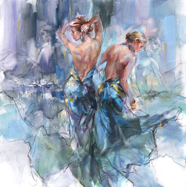 Painting of three women dancing in blue gowns