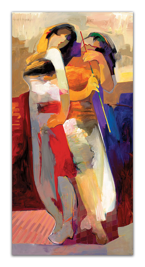Color Of Passion by Hessam Abrishami. Abstract painting of couple embracing. Artwork featuring vibrant colors & contemporary figure painting. Abstract painting that uplift spaces.