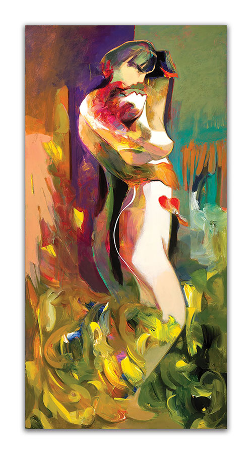 Edge of Bliss by Hessam Abrishami. Abstract painting of figures embracing. Artwork featuring vibrant colors & contemporary figure painting. Abstract painting that uplift spaces.