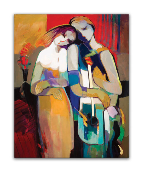Eternally by Hessam Abrishami. Abstract Figurative painting of romance. Artwork featuring vibrant colors & contemporary figure painting. Abstract painting that uplift spaces.