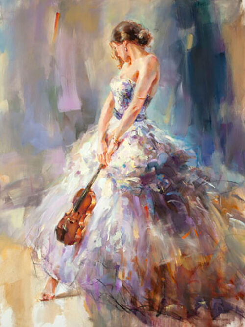 Painting of Woman in a white gown holding a violin