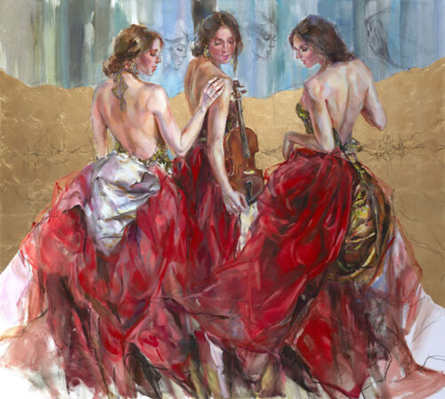 Golden Kingdom IV - Painting of Females In Red Gowns and Instruments