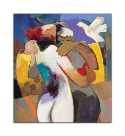 Irresistable Love by Hessam Abrishami. Abstract Painting of Romance. Artwork featuring vibrant colors & contemporary figure painting. Abstract painting that uplift spaces.