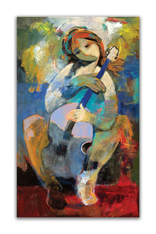 My Harmony by Hessam Abrishami. Abstract Painting of Artist with Guitar. Artwork featuring vibrant colors & contemporary figure painting. Abstract painting that uplift spaces.