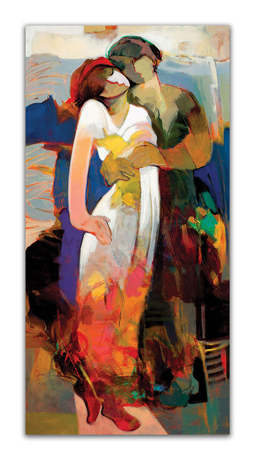 Pure Impressions by Hessam Abrishami. Romantic Abstract Painting of a Couple. Artwork featuring vibrant colors & contemporary figure painting. Abstract painting that uplift spaces.
