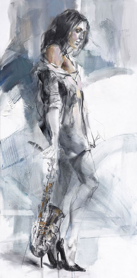Contour Abstract Painting of Female with Saxophone