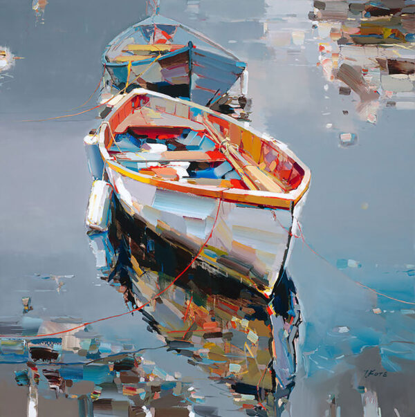 Direct Insight by Josef Kote. Pops of color in this abstract boat meet the muted blue hues in the water of this waterscape.