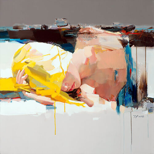 Don't Wake Me Up by Josef Kote.Kote mixes both an abstract and realistic style in this portrait of a woman sleeping.