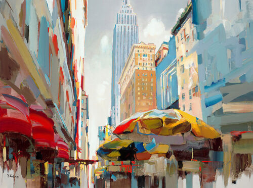 Everlasting Light by Josef Kote. This abstract cityscape shows New York City and the famous NYC skyline in this dynamic artwork.