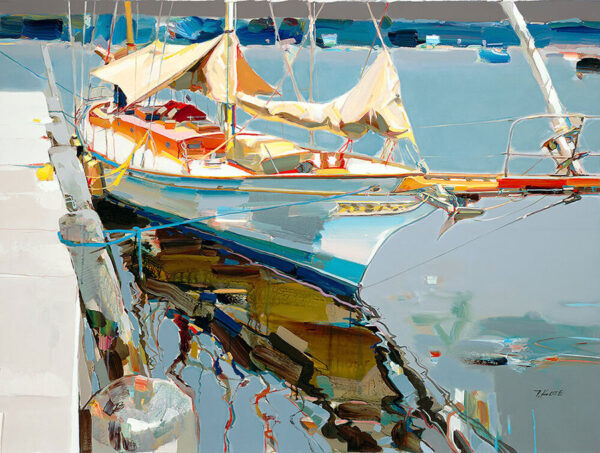 Here to Stay by Josef Kote. Master artist Josef Kote shows his mastery of abstrach realist with this boat painting in a harbor.