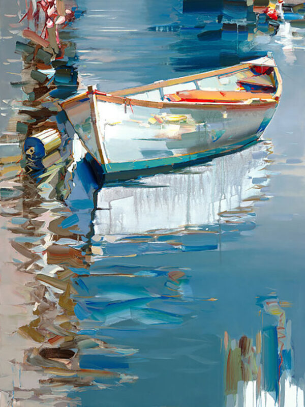 Looking For Summer by Josef Kote. Contemporary, abstract seascape boat artwork perfect for your summer home.