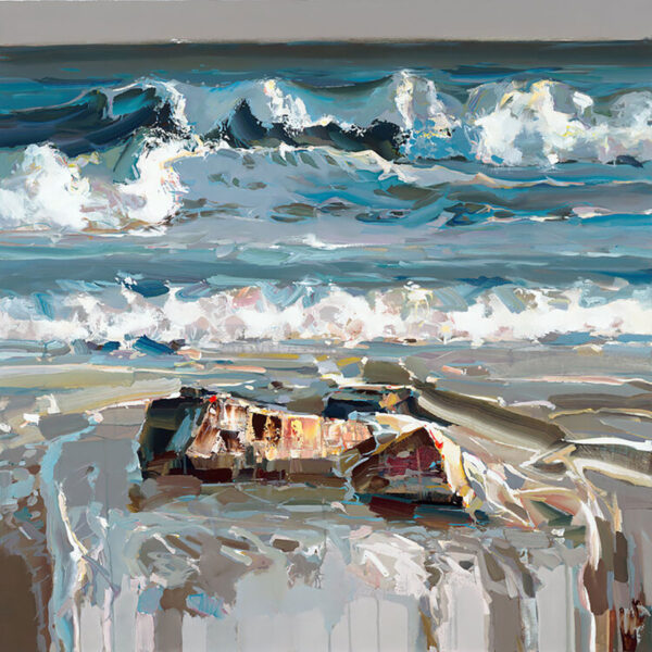 Mesmerizing Waves by Josef Kote. Water crashes onto the beach in this abstract and energetic artwork.