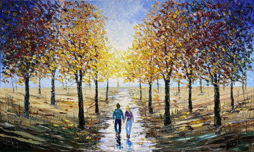 Pull Me In is a textured painting that encapsulates the essence of a couple’s quiet stroll through a park in the end of Autumn’s splendor. Savchenko’s deft use of texture lends depth and warmth to the changing leaves, capturing the sensation of walking through a tunnel of fall foliage. This artwork not only evokes the romance of the season but also invites viewers to immerse themselves in the cozy and nostalgic atmosphere of an autumnal love story.