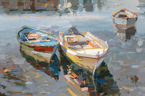Return by Josef Kote. A wonderful composition of a boat scene coming back to harbor. The artwork shows Kote's signature colors.