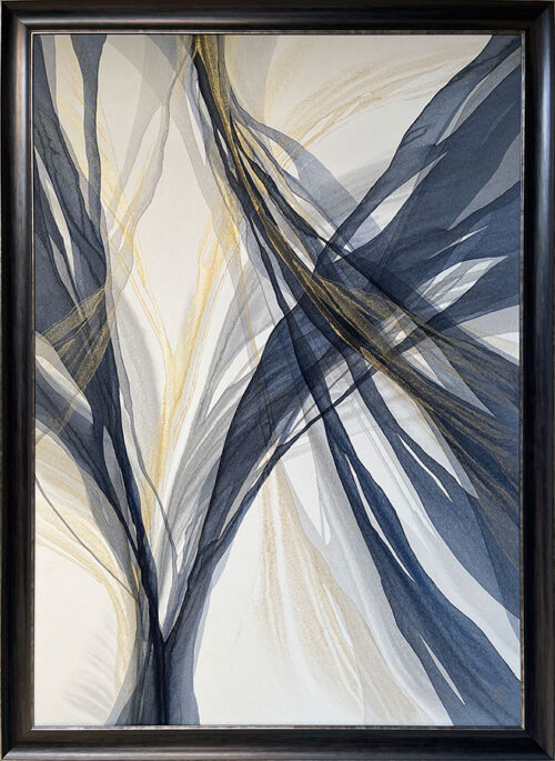Abstract Painting with silver, grey, navy blue, and white