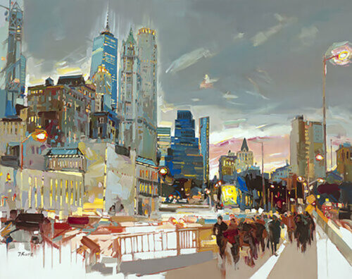 Skyline at Night by Josef Kote. In this city scene, city lights shine and New York's energy are felt in this abstract cityscape.