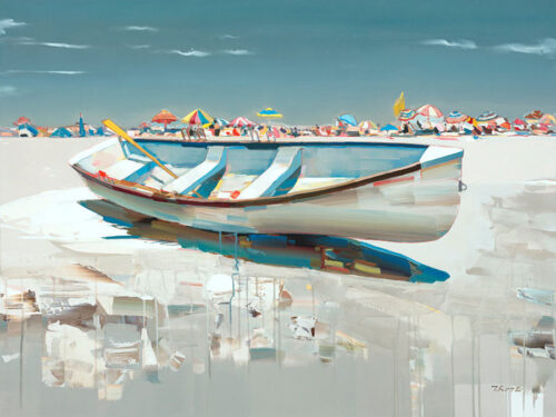 Sunny Days by Josef Kote. Contemporary artwork beach painting of an empty boat with beach umbrellas lining the horizon.