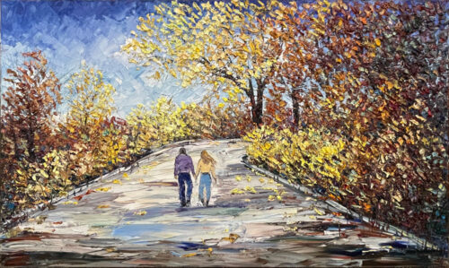 My Favorite Season is a textured painting that encapsulates the essence of a couple’s quiet stroll through a park in the midst of Autumn’s splendor. Savchenko’s deft use of texture lends depth and warmth to the changing leaves, capturing the sensation of walking through a tunnel of fall foliage. This artwork not only evokes the romance of the season but also invites viewers to immerse themselves in the cozy and nostalgic atmosphere of an autumnal love story.