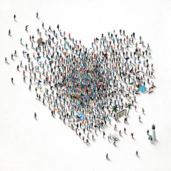 People flocking to the beach in a heart shape