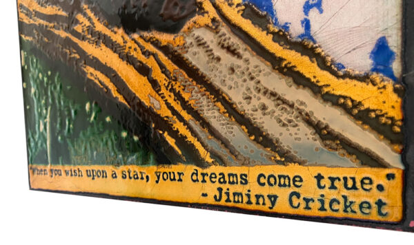 Dreams Come True Limited Edition by Houston Llew. Limited Edition wall art - copper attached to wood frame. Each piece is glass infused onto copper to create each stunning design. When you wish upon a star, your dreams come true - Jiminy Cricket, Pinocchio quote, bear and falling stars