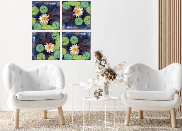 Enlightenment Limited Edtion by Houston Llew. Limited Edition wall art - copper attached to wood frame. Each piece is glass infused onto copper to create each stunning design. Modular panels, water lilies