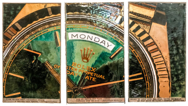 Monday Limited Edtion Triptych by Houston Llew. Limited Edition wall art - copper attached to wood frame. Each piece is glass infused onto copper to create each stunning design. Rolex art. “Time is the most valuable thing a person can spend” -Theophrastus “The way we spend our time today defines who we are” -Justin Estrin . “Never be idle and you will never complain of the want of time” -Thomas Jefferson .