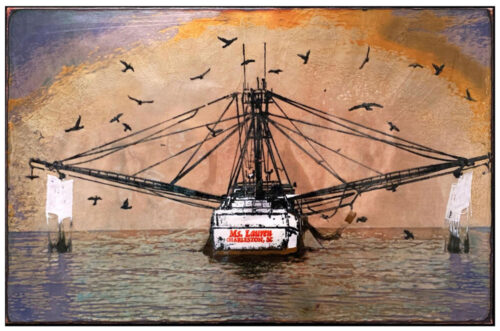 Ms. Lauren Limited Edition by Houston Llew. Limited Edition wall art - copper attached to wood frame. Each piece is glass infused onto copper to create each stunning design. Fishing boat off the shore of Charleston, SC