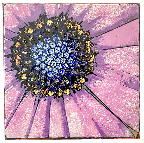 Wildside by Houston Llew. Limited Edition wall art - copper attached to wood frame. Each piece is glass infused onto copper to create each stunning design. Pink Flower image.