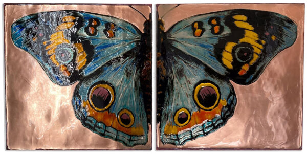 On the Wings Limited Edition by Houston Llew. Limited Edition wall art - copper attached to wood frame. Each piece is glass infused onto copper to create each stunning design. Featured on two 15" x 15" floating mount enameled panels, this stunning butterfly with lifelike details and colors is sure to bring any room to life!