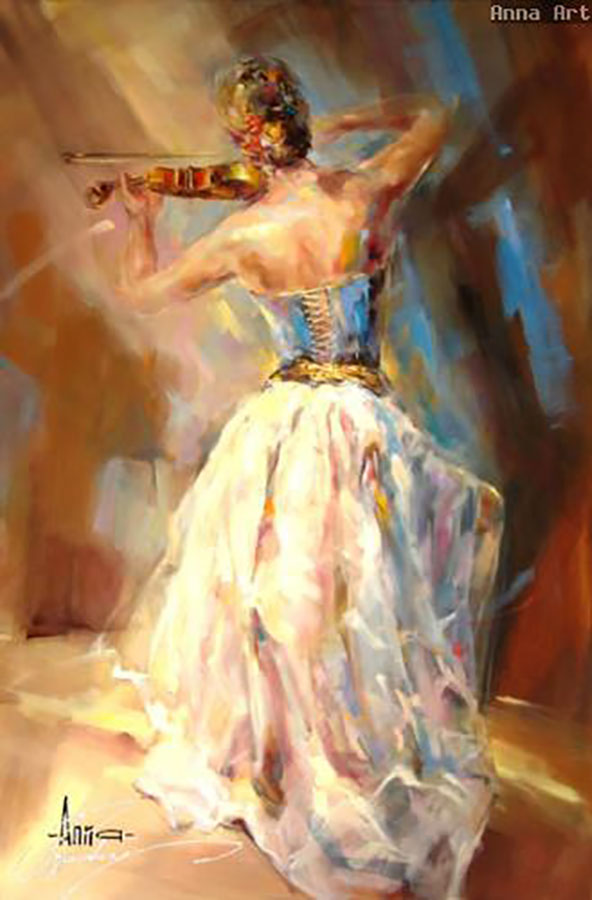 Blue Note 3 by Anna Razumovskaya. Anna abstracted, figurative painting of dancers, women, romance, and beautiful ball gowns. Each figure has a unique personality and stunning array of colors and textures.