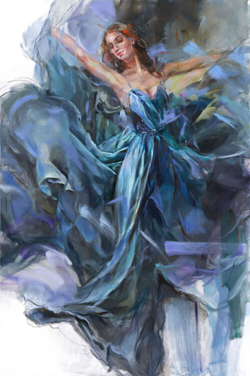 Abstract Painting of Female Figure Dancing in Blue Gown