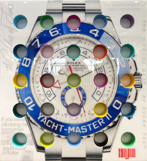 Rolex Yacht-Master II by The Bisaillon Brothers. This Pop Artwork is a mixed media piece of a the Rolex Submariner watch covered in resin, with brightly painted holes going through the canvas.