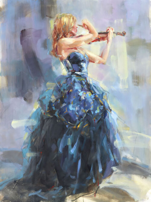 Painting of female, in blue gown, playing violin