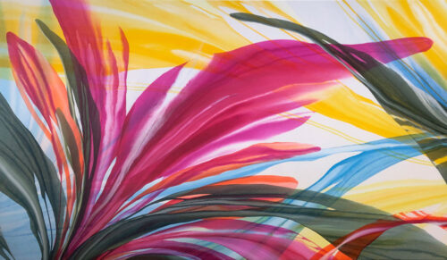 Birds of Paradise II by Antonio Molinari. Oversized poured acrylic painting on canvas. Bright colorful abstract flowers that cascade across the canvas.