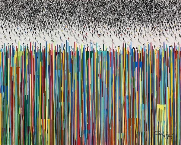 Multiplicty Aspect is part of the Populus Series by Craig Alan. This limited edition piece is derived from the larger than life mural located in Atlanta, GA. The populus crowds form into a shape of a phoenix rising up from the ashes. Colorful paint drips with crowds of people holding peace and love signs.