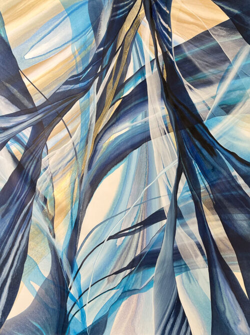 Coastal Lines by Antonio Molinari at Art Leaders Gallery. Blue, white, and gold abstract poured paint on canvas.