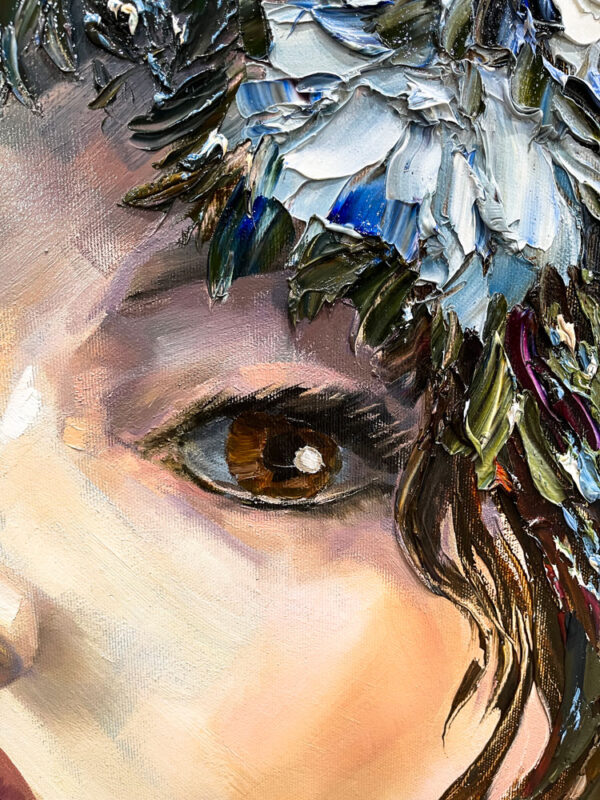 Innocence by Anastasiya Skryleva at Art Leaders Gallery. Brown-eyed girl with white carnation flower crown. Blue and green paint drip background. Portrait of girl with flower crown.