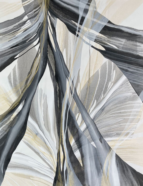 Midas by Antonio Molinari at Art Leaders Gallery. Molinari creates stunning, original piaintings by pouring acrylic paints onto canvas. With this, he is able to manipulate the canvas, and let gravity create beautiful layers and patterning. Black, gray, and gold abstract painting.