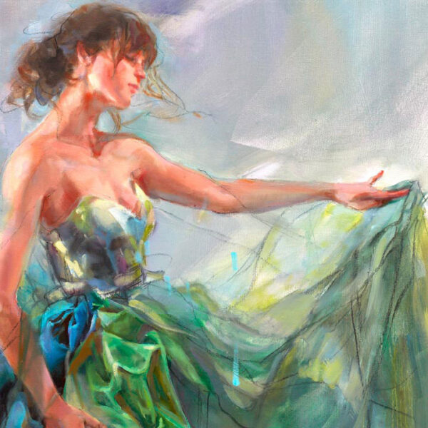 Paradise So Rare by Anna Razumovskaya. Anna's stunning figures dance with beautfil gowns and motion. Each piece is painted with layers of vibrant colors and elegant subject matter. Female portrait with flowing green and blue dress.
