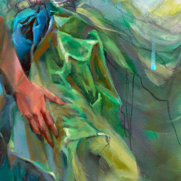 Paradise So Rare by Anna Razumovskaya. Anna's stunning figures dance with beautfil gowns and motion. Each piece is painted with layers of vibrant colors and elegant subject matter. Female portrait with flowing green and blue dress.