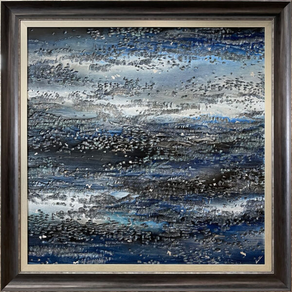 Persistence of Beauty bu Lun Tse. Abstract mixed media of varying shades of blue with silver. Framed in a blue and champagne frame.